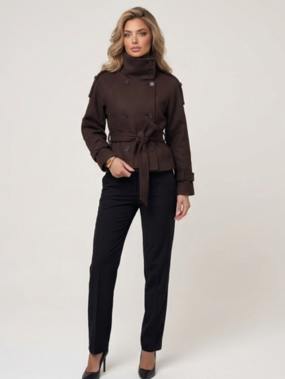 Cropped Woll-Trenchcoat Dunkelbraun