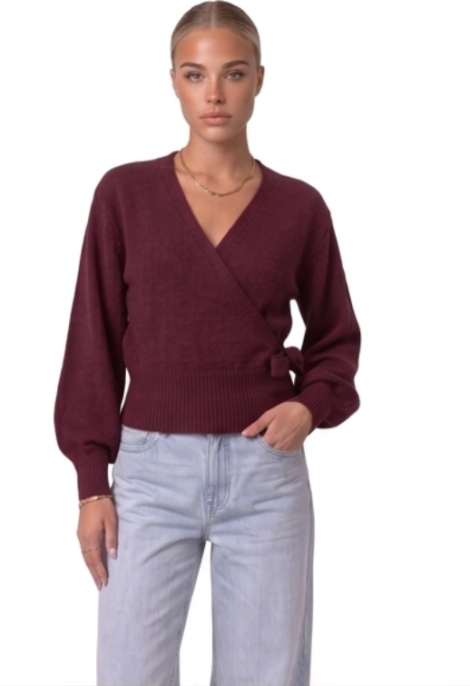 Wickelbluse mit Ballonärmeln Burgund