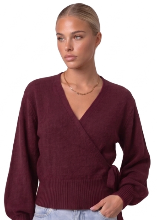 Wickelbluse mit Ballonärmeln Burgund